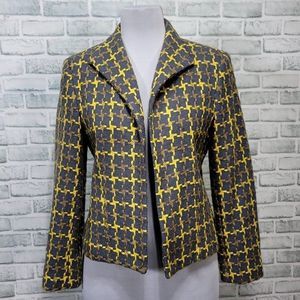 Harve Benard Womens 12 Grey Yellow Geo Plaid Wool Blend Tweed Open Front Blazer‎